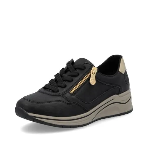 RIEKER Keilsneaker Damen Gr. 39 - Sportlich und Bequem - Sneaker aus Lederimitat in Schwarz-Gold mit Soft-Einlage für optimalen Komfort, ideal für Freizeit und Alltag.