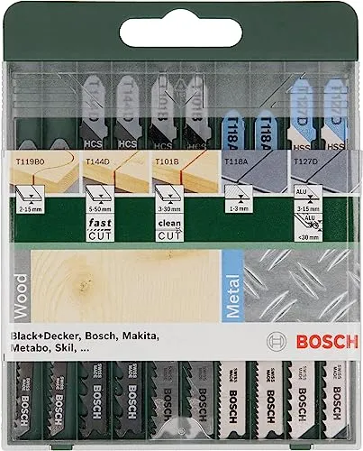 Bosch Accessories 2609256746 10tlg. Stichsägeblatt-Set - Sägeblätter für präzise Schnitte in Holz, Metall und Kunststoff, ideal für Heimwerker und Profis.