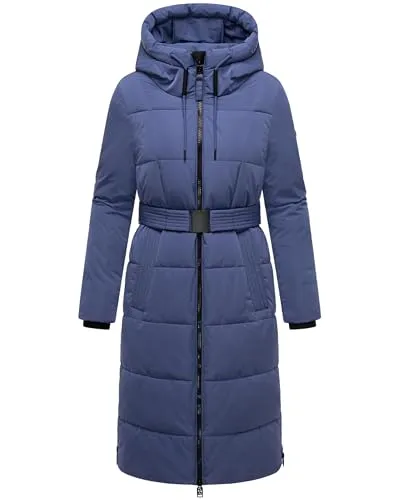 Navahoo Damen Langer Wintermantel warmer Steppmantel mit Kapuze und Taillengürtel Herbstnebel 14 Blue Violet Gr. L