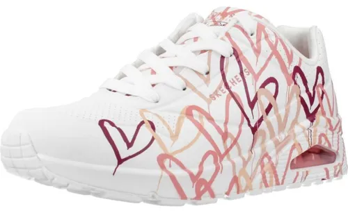 SKECHERS Uno Spread the Love Damen Sneaker Weiß 37 - Stylischer Damen Sneaker aus der Skechers x JGoldcrown-Kollaboration, mit leichtem Obermaterial und bequemer Air-Cooled Memory Foam-Einlegesohle für optimalen Tragekomfort.