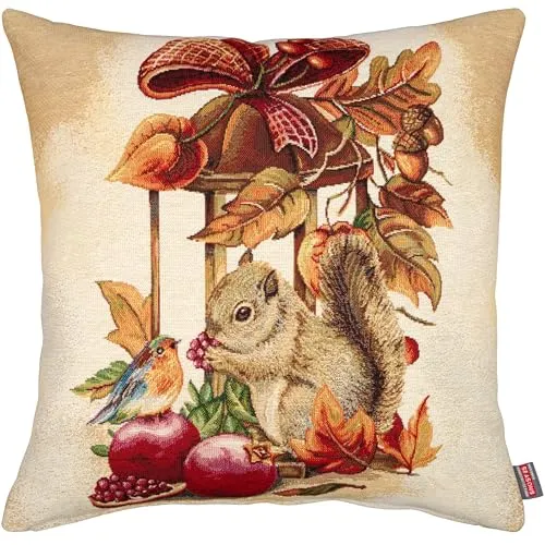 Hossner Kissenbezug Gobelin 45x45 Kissen Herbstlich Kissenhülle Beige Herbst Halloween Eichhörnchen Beidseitig Stoff Waschbar