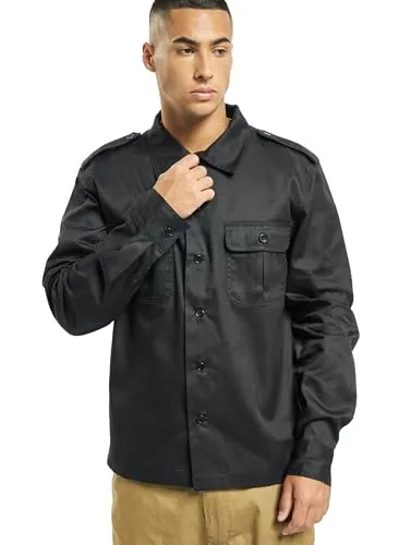 Brandit US Shirt Long Sleeve - Schwarz, Größe L - Herrenhemd aus wasserabweisendem Mischgewebe, ideal für Outdoor-Aktivitäten, mit Schulterklappen und praktischen Brusttaschen.