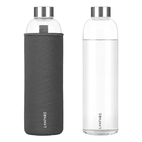 LOOFORE Glasflasche 1 liter / 1l, Wasserflasche Glas 1000ml inkl. Neoprenhülle, BPA freie, Trinkflasche Spülmaschinenfeste, Water Bottle für kohlensäurehaltige Getränke
