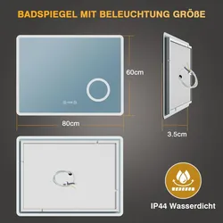 PESENXAN Badspiegel mit Uhr und Beleuchtung 80 x 60 cm - Eleganter Badspiegel mit 3 Lichtfarben und Antibeschlag-Funktion für klare Sicht. Ideal für Make-up und Rasur dank integrierter 3-fach Vergrößerung. Perfekt für feuchte Umgebungen und einfache Montage.