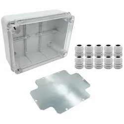 ARLI SET: Abzweigdose IP67 Sichttür Aufputz 190 x 145 x 80 mm inkl. Montageplatte + 10x Kabelverschraubungen M25 x 1,5 mm