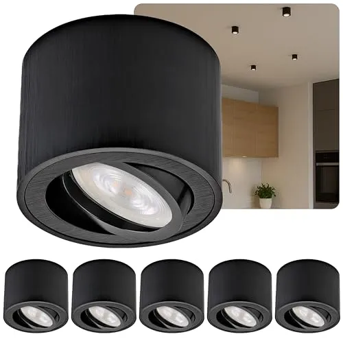 Sweet LED Aufbaustrahler 6x LED Spots, rund flach Aluminium - Hochwertige Aufbaustrahler aus gebürstetem Aluminium, schwenkbar und mit austauschbaren 5W LEDs für warmweißes Licht – ideal für Wohnzimmer, Schlafzimmer und mehr.