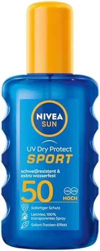 NIVEA SUN UV Dry Protect Sport Sonnenspray LSF 50 (200 ml), 100% transparenter Sonnenschutz speziell für Sportler, schweißresistente & extra wasserfeste Sonnencreme