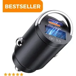 KFZ USB USBC Ladegerät kompatibel mit Universal iPhone 14, 13, 12, 11 (Pro, Max, Plus, Mini) - (max. 30W) + Turbo-ID (max. 12W), Zigarettenanzünder - Schwarz