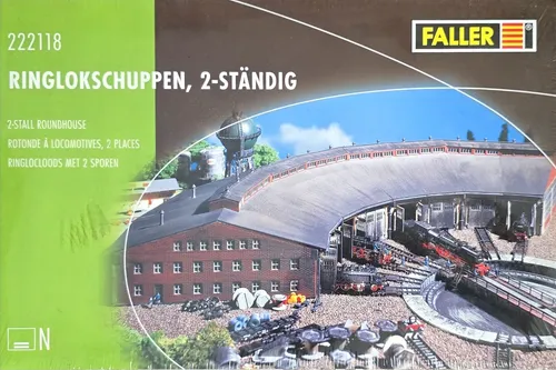 Faller N 222118 Bausatz Ringlokschuppen 2-ständig - Modellbau im Maßstab 1:160, ideal für Spur N, inklusive Gewerbebau und detaillierter Bauanleitung für realistische Modelleisenbahnlandschaften.