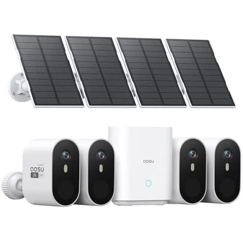aosu 2K Überwachungskamera Aussen Solar Akku, 4-Kit mit HomeBase, ohne ABO, 32G Lokalspeicher, Kabellose Kamera Überwachug außen Licht- & Tonalarm 2-Wege-Audio Farb-Nachtsicht, 2.4G/5Ghz WiFi