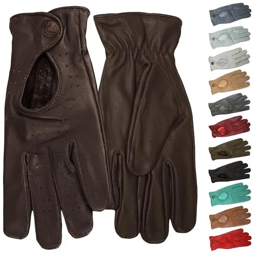 German Wear Unisex Lederhandschuhe für Autofahrer (Dunkelbraun, 8=M) - Hochwertige Lamm-Nappalederhandschuhe im Retro-Look, weich und angenehm zu tragen. Ideal für den täglichen Einsatz beim Fahren, mit Druckknopfverschluss und offenem Handrücken.