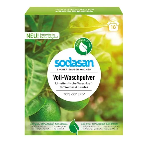Sodasan Vollwaschmittel 1 kg - Effektive Reinigung - Hochwirksames Waschmittel für strahlend weiße Wäsche. Pflanzliche Inhaltsstoffe entfernen hartnäckige Flecken und sorgen für Frische mit Limetten-Duft. Ergiebig für bis zu 22 Waschladungen.