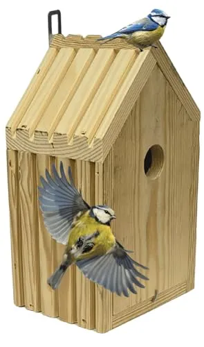 MODO24 Meisen Nistkasten aus FSC® Holz mit 2,8 cm Einflugloch und mit Heu, Vogelhaus Blaumeisen & Kleinvögel, Brutkasten mit Reinigungsklappe, Futterhaken für Garten, Balkon, 26×15×12 cm, Farbe: Natur