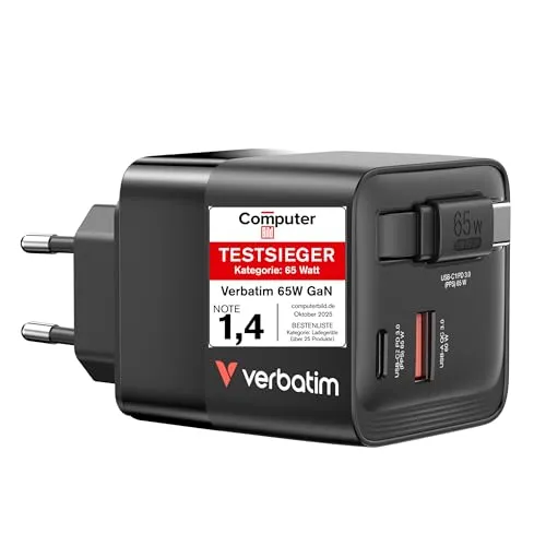 GaN-Ladegerät 65W mit 3 Anschlüssen - Stromversorgung für bis zu 3 Geräte gleichzeitig mit 1x USB-A und 2x USB-C. Inklusive ausziehbarem Kabel, ideal für unterwegs und schnelle Ladezeiten mit PD 3.0 und QC 3.0.