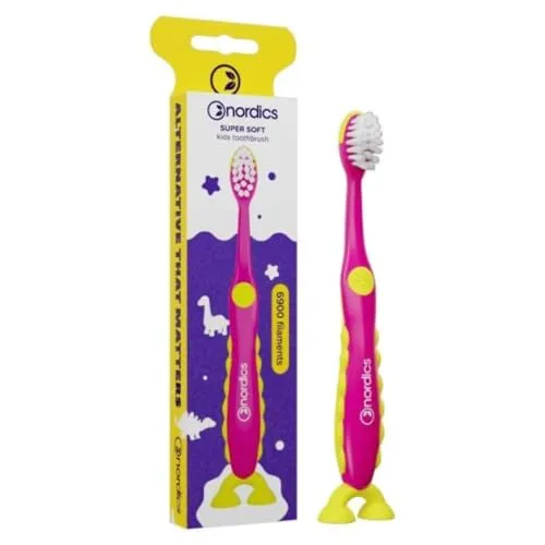 Öko Zahnbürste Kids 2+ | 6.900 Borsten | Super Soft | mit Saugnapf | Vegan | Dino | Rot | Nordics