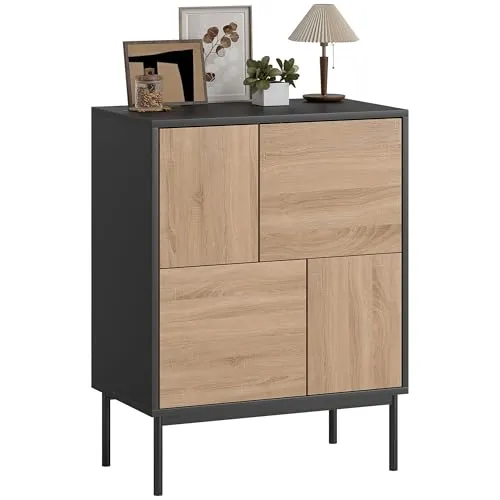 HOMCOM Sideboard mit Push-to-Open-Türen, Moderner Küchenschrank in Schwarz und Naturholz
