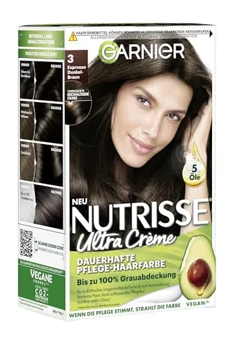 Garnier Nutrisse Dauerhafte Pflege-Haarfarbe mit nährenden Fruchtölen, Coloration mit 8 Wochen Halt, Ultra Crème Tönung, 30 Espresso Dunkelbraun