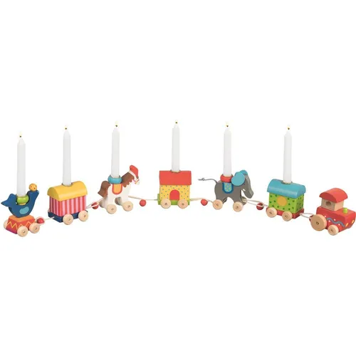 Goki 2395 Geburtstags-Zug Zirkuswelt - Sonstige, farbenfroher Holzgeburtstagszug mit Kerzen-Set für unvergessliche Geburtstagsfeiern und kreative Deko.