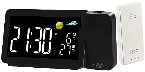 infactory Uhr mit Projektor: Funk-Wetterstation mit Projektionswecker, Außensensor, USB, schwarz (Wecker Projektion, Wetterstation Uhren, Handy Ladestation)