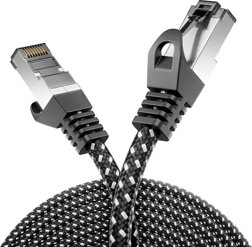 deleyCON 15m CAT7 LAN Kabel - Netzwerkkabel mit Kupfer & Nylonmantel - AWG27 600 MHz 10 Gbit/s S-FTP (PIMF) RJ45 Patchkabel Ethernetkabel für Internet DSL Router - Schwarz