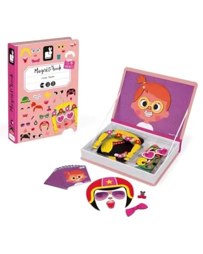 Janod - Girl's Crazy Faces Magneti'Book - Magnetic Educational Game 55 Pieces - For children from the Age of 3, J02717, Klein, Rose