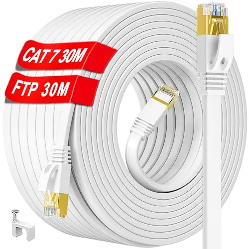 Lan Kabel 30 meter Cat 7 weiß, Netzwerkkabel 30m Flach Ethernet Kabel Hochgeschwindigkeits 10000Mbits S/FTP Wasserdicht, RJ45 kabel Outdoor Indoor Schneller als Cat6 Cat5, für Router/Switch (30 Clips)