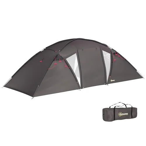 Outsunny Familienzelt für 4-6 Personen, wasserdichtes Tunnelzelt 3000 mm mit 2 Türen, Fenster, Transporttasche, Zeltunterlage für Camping Reise Wandern Garten, schwarz