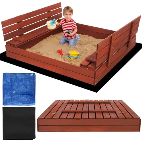 Sandkasten mit Abdeckung 140 cm – SPRINGOS Holz Sandkasten mit Bank - Wetterfester Sandkasten aus FSC-zertifiziertem Holz mit praktischen Sitzbänken und schützender Abdeckung für kreativen Spielspaß im Freien.