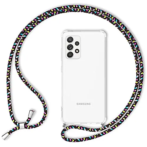 NALIA Handykette für Samsung Galaxy A52 / A52 5G / A52s 5G - Transparentes Hybrid-Case & Band - HANGIT (Anti-Gelb Rückseite & Verstellbar) - Marke aus Berlin, Farbe:Schwarz Bunt