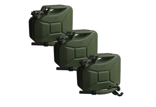 TRUTZHOLM Benzinkanister Set 3x 10L Metall, Olivgrün - 3x kratzfeste 10L Metallkanister mit flexiblem Ausgießer und Halter, ideal für Benzin oder Diesel. Leichte Bauweise für mühelosen Transport.