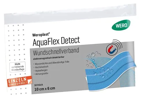 Weroplast® AquaFlex Detect Wundschnellverband detektierbar – wasserfeste PU-Folie, blau, 10 cm x 6 cm, 10 Stück, einzeln verpackt
