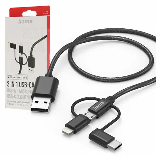 Hama 3-in-1 Micro USB Adapter, USB C/Lightning (Nylon, 3A, 480Mbit/s, Bruchschutz, 1,5m Kabel) schwarz