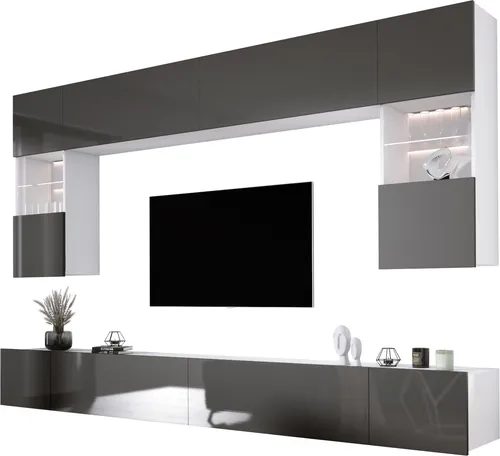 Wohnwand Weiß/Grau glänzend, Breite: 300 cm, Höhe: VERSTELLBAR cm, Tiefe: 42 cm