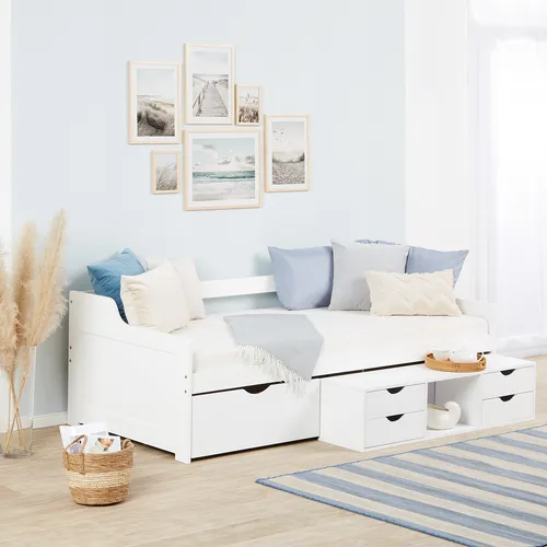 Homestyle4u 1422 Kinderbett Holzbett 90x200 - Stilvolles Tagesbett aus massivem Kiefernholz in Weiß, inklusive Lattenrost und praktischen Schubladen für optimalen Stauraum. Ideal für Kinderzimmer oder Gästezimmer!