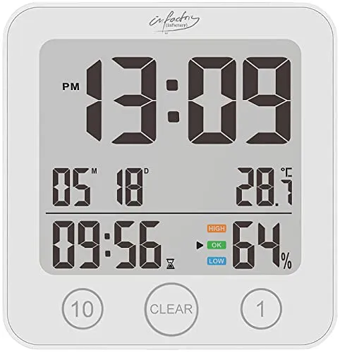 infactory Badezimmeruhr Digital: Digital-Badezimmer-Uhr, Thermo-/Hygrometer, LCD, Saugnapf, Timer, IP54 (Uhr für Badezimmer zum Hinstellen, Baduhr, wasserdicht)