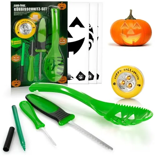 com-four® 14-teiliges Kürbis Schnitz-Set für Halloween - Schneide-Werkzeuge zum Aushöhlen von Kürbissen - Messer, Löffel, Stift, Schablonen und LED Kürbislicht (grün mit LED)