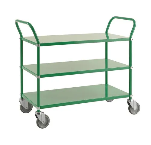OSWALD Transportgeräte Servierwagen - 3 Böden, Traglast 250 kg, grün - Transportwagen mit 3 stabilen Metallböden, pulverbeschichtet und leicht manövrierbar dank 125 mm Drehgestellrollen. Ideal für Gastronomie und Events.