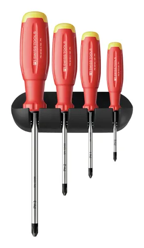 PB Swiss Tools Schraubendreher-Satz 4-teilig PH mit Wandhalter - Praktischer 4-teilig Schraubendreher-Satz für Kreuzschlitz PH, mit ergonomischem SwissGrip EVO Griff für besseren Halt und Rutschfestigkeit. Ideal für präzise Arbeiten und Lieferung inklusive Wandhalter.