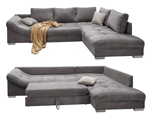 Wunderschönes Cord Ecksofa mit Schlaffunktion - Gemütliches L-Sofa 298 x 202 cm, inklusive kostenloser Lieferung! Verwandeln Sie es im Handumdrehen in eine Schlafcouch mit großzügiger Liegefläche von 154 x 227 cm.