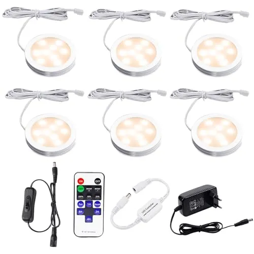AIBOO Unterbauleuchte Küche LED Mit Fernbedienung,Dimmbar LED Schrankbeleuchtung 12V Kabel 6 Stück,Küchenlampen Beleuchtung Unterschrankleuchte Weiß mit Schalter Küchenlicht 12W 230V,Warmweiß 2700K