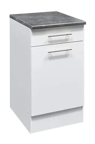 Eddy Moderner Küchenunterschrank in Weiß matt und Metallic Grau - Küchenunterschrank mit 2 großzügigen Fächern und einer Schublade für optimalen Stauraum. Modernes Design mit Edelstahlgriffen und einfache Montage für jede Küche.