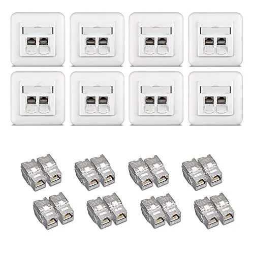 kwmobile Keystone Dose Modul Set - 16x CAT 6A Netzwerk-Adapter - Netzwerkadapter Set für einfaches Verlegen von Netzwerkkabeln ohne Werkzeug, ideal für stabiles Internet in jedem Raum, inklusive 16 Keystone Modulen und 8 Dosen.