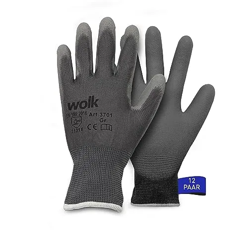 wolk Arbeitshandschuh - Größe: 10 - Anzahl: 12 Paar - PU Beschichtung - Feinstrickhandschuh - Farbe: Grau - Schutzhandschuh - Montagehandschuh
