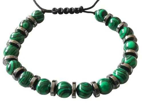 Steinfixx® Perlenarmband 6mm Hämatit-Malachitglas - Stein des Blutes - Brasilien (handgefertigt, 1-tlg., edle Hämatitrondelle mit Malachitglasperlen), Armbandlänge 20-22cm, individuell einstellbar