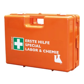 GRAMM medical Verbandkoffer Special Labor & Chemie - Erste-Hilfe-Koffer für chemische Labore, ausgestattet nach DIN 13 157 mit branchenspezifischer Füllung und Wandhalterung, schlagfest und mobil einsetzbar.