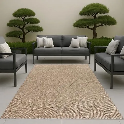 CARPETIA In & Outdoor Teppich – Beige 200 x 280 cm - Teppich in modernem Jute-Look, wetterfest & pflegeleicht – ideal für Balkon, Terrasse und Wohnzimmer. Mit weicher Haptik und saugrobotergeeignet.
