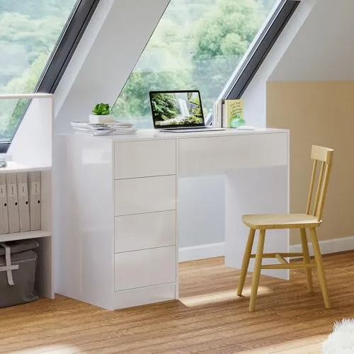 Bellamio Livny Hochglanz Schreibtisch mit 5 Schubladen - Schreibtisch mit modernem Design und geräumiger Arbeitsfläche (53 x 110 cm), ideal für Büro und Kinderzimmer. 5 Schubladen sorgen für Ordnung und sind flexibel montierbar.