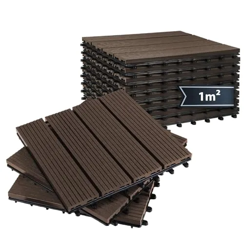 Montafox WPC Fliesen 30 x 30 cm – 11 Stück Dunkelbraun für Terrasse und Balkon - Gestalten Sie Ihre Terrasse oder Ihren Balkon mit diesen langlebigen WPC Fliesen. Einfaches Klicksystem, wetterbeständig und rutschhemmend – ideal für jeden Außenbereich.