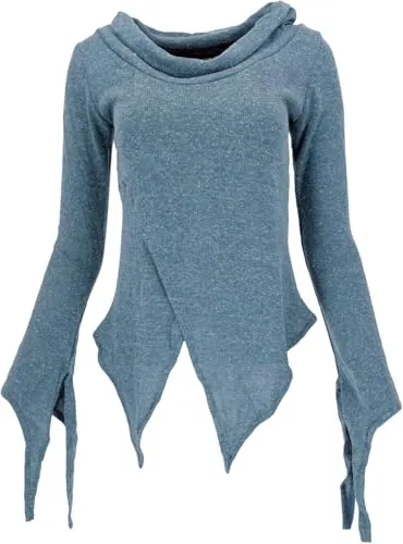 GURU SHOP Pixishirt mit Schalkragen - Damenpullover in Taubenblau, Größe S/M - Leichtes, asymmetrisches Strickshirt mit Wickeloptik, ideal für lässige Outfits und vielseitige Kombinationen.