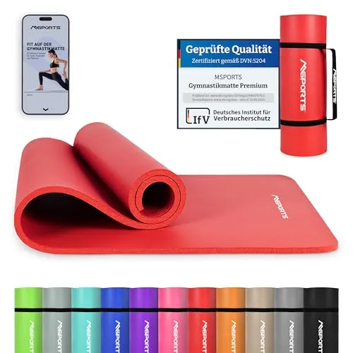 MSPORTS Gymnastikmatte Premium inkl. Tragegurt + Übungsposter + Workout App I Hautfreundliche Fitnessmatte 190 x 100 x 1,5 cm - Rubinrot - Phthalatfreie Yogamatte